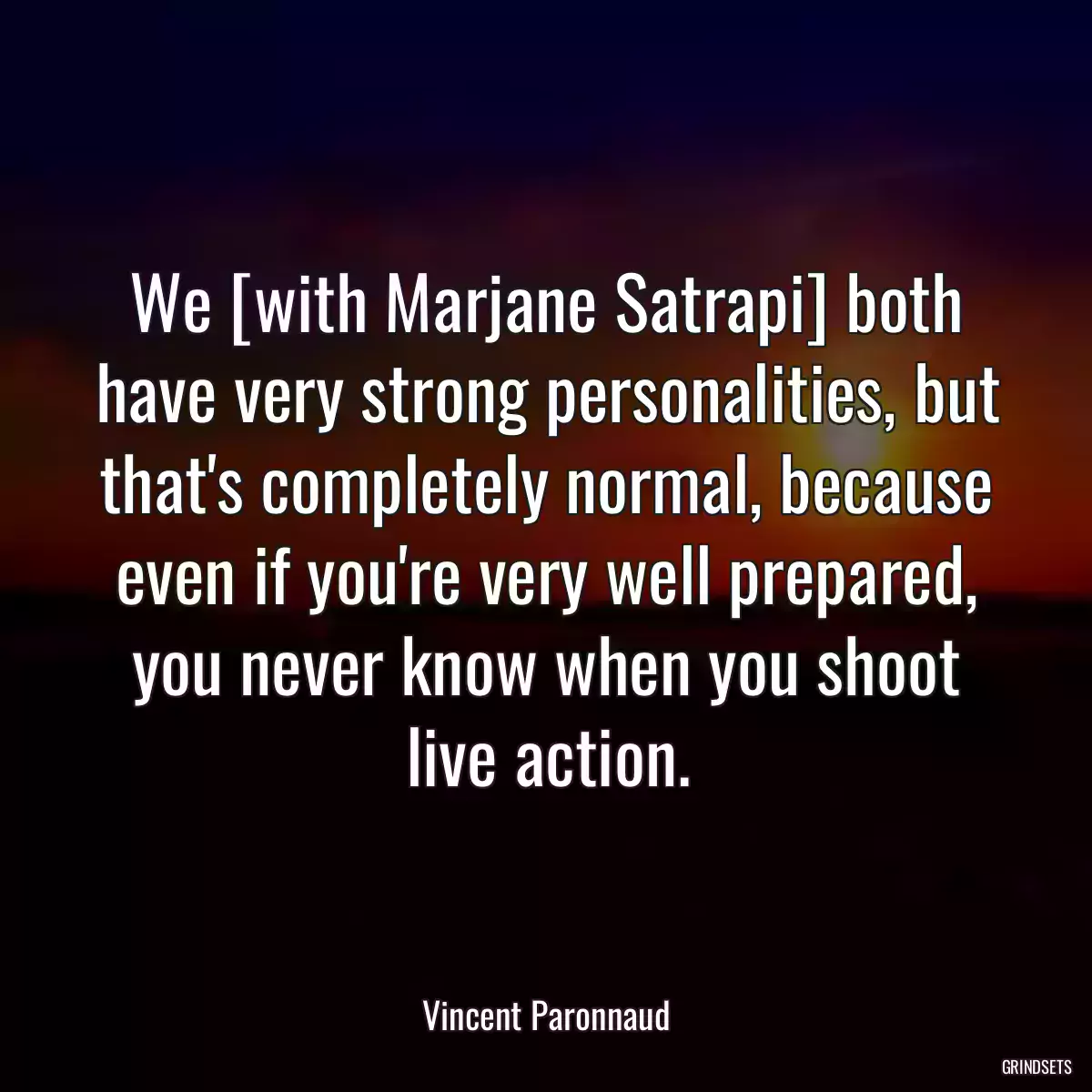 We [with Marjane Satrapi] both have very strong personalities, but that\'s completely normal, because even if you\'re very well prepared, you never know when you shoot live action.