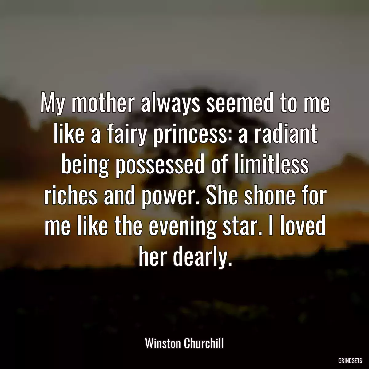 My mother always seemed to me like a fairy princess: a radiant being possessed of limitless riches and power. She shone for me like the evening star. I loved her dearly.