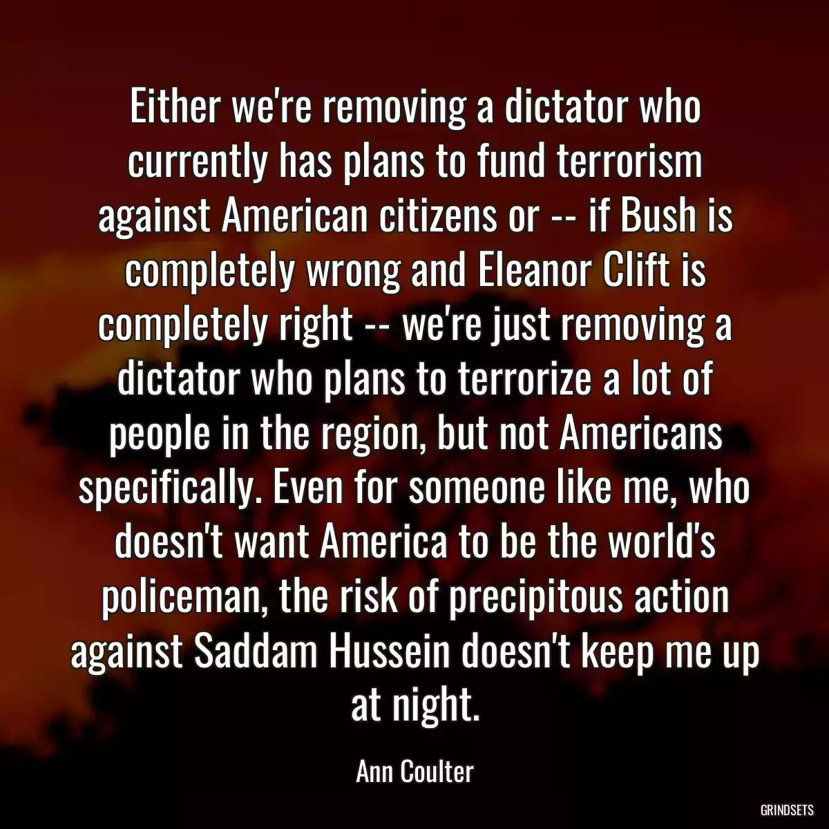 Either we\'re removing a dictator who currently has plans to fund terrorism against American citizens or -- if Bush is completely wrong and Eleanor Clift is completely right -- we\'re just removing a dictator who plans to terrorize a lot of people in the region, but not Americans specifically. Even for someone like me, who doesn\'t want America to be the world\'s policeman, the risk of precipitous action against Saddam Hussein doesn\'t keep me up at night.