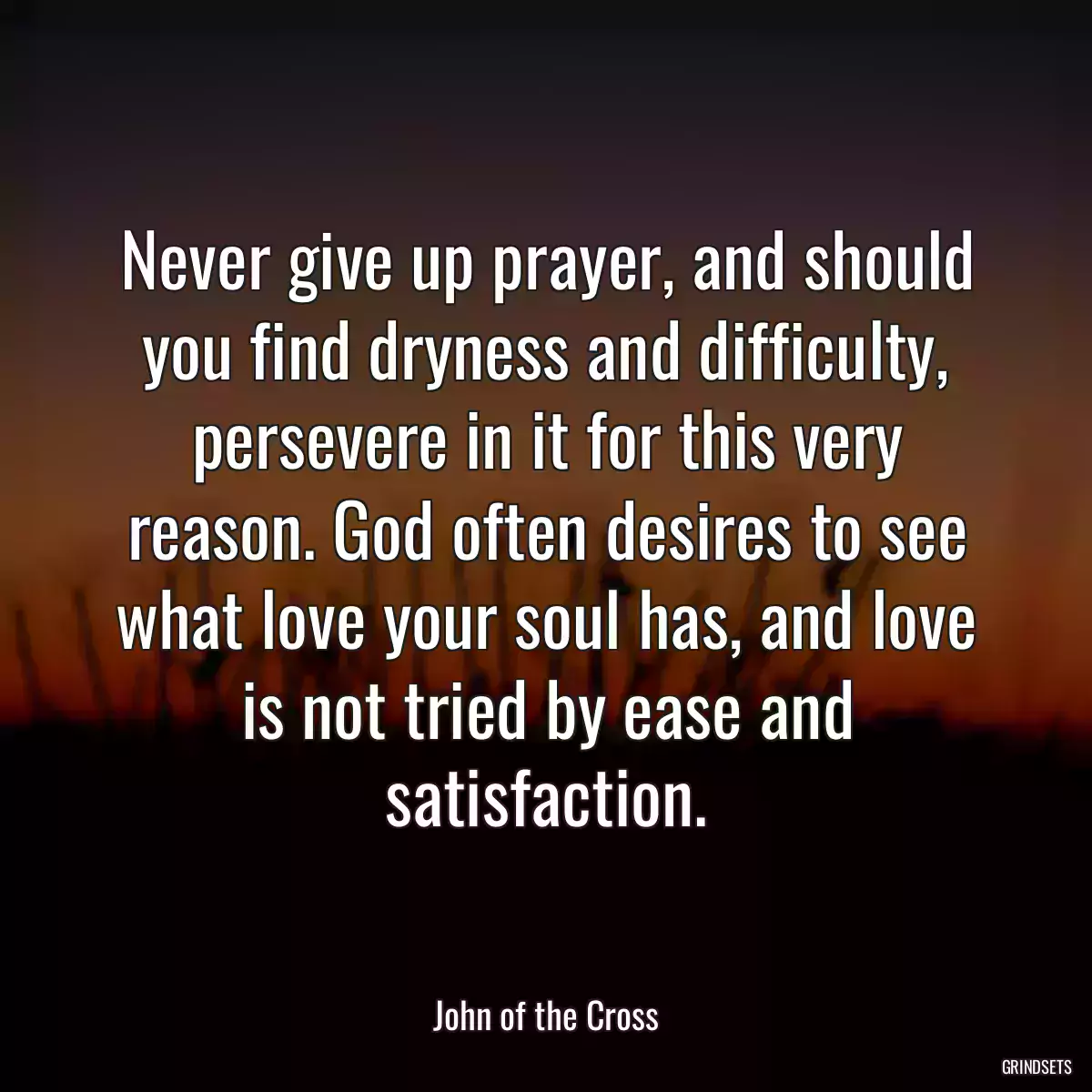 Never give up prayer, and should you find dryness and difficulty, persevere in it for this very reason. God often desires to see what love your soul has, and love is not tried by ease and satisfaction.