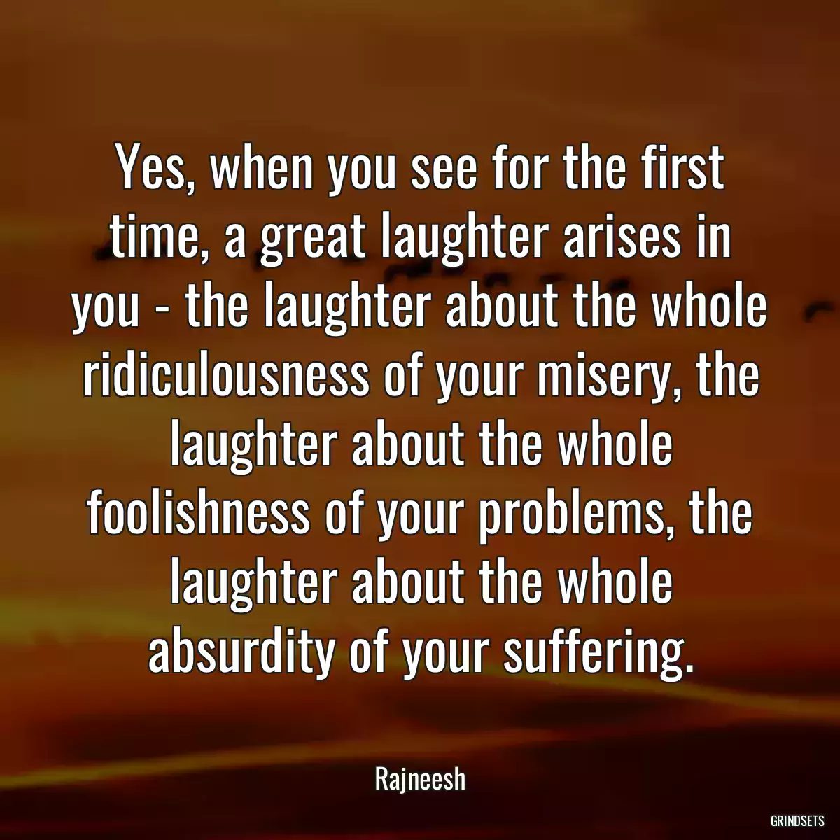 Yes, when you see for the first time, a great laughter arises in you - the laughter about the whole ridiculousness of your misery, the laughter about the whole foolishness of your problems, the laughter about the whole absurdity of your suffering.