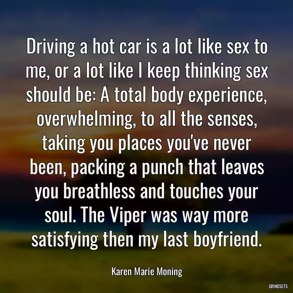 Driving a hot car is a lot like sex to me, or a lot like I keep thinking sex should be: A total body experience, overwhelming, to all the senses, taking you places you\'ve never been, packing a punch that leaves you breathless and touches your soul. The Viper was way more satisfying then my last boyfriend.