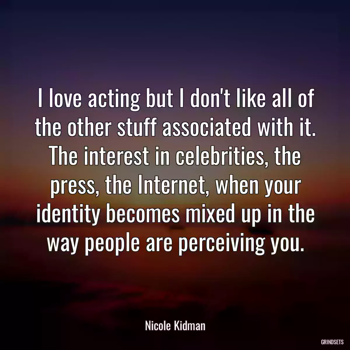 I love acting but I don\'t like all of the other stuff associated with it. The interest in celebrities, the press, the Internet, when your identity becomes mixed up in the way people are perceiving you.