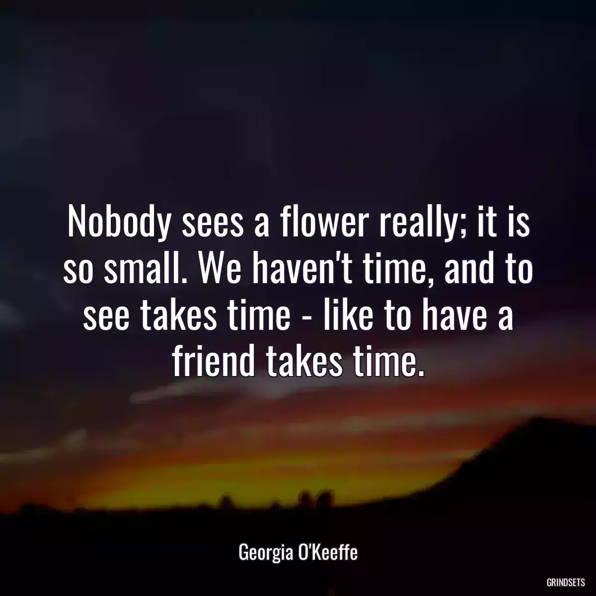 Nobody sees a flower really; it is so small. We haven\'t time, and to see takes time - like to have a friend takes time.