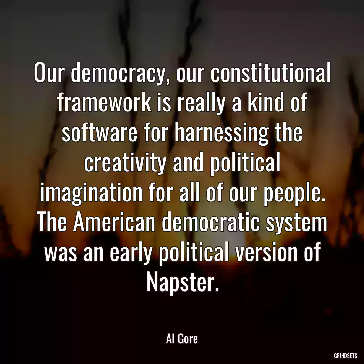 Our democracy, our constitutional framework is really a kind of software for harnessing the creativity and political imagination for all of our people. The American democratic system was an early political version of Napster.