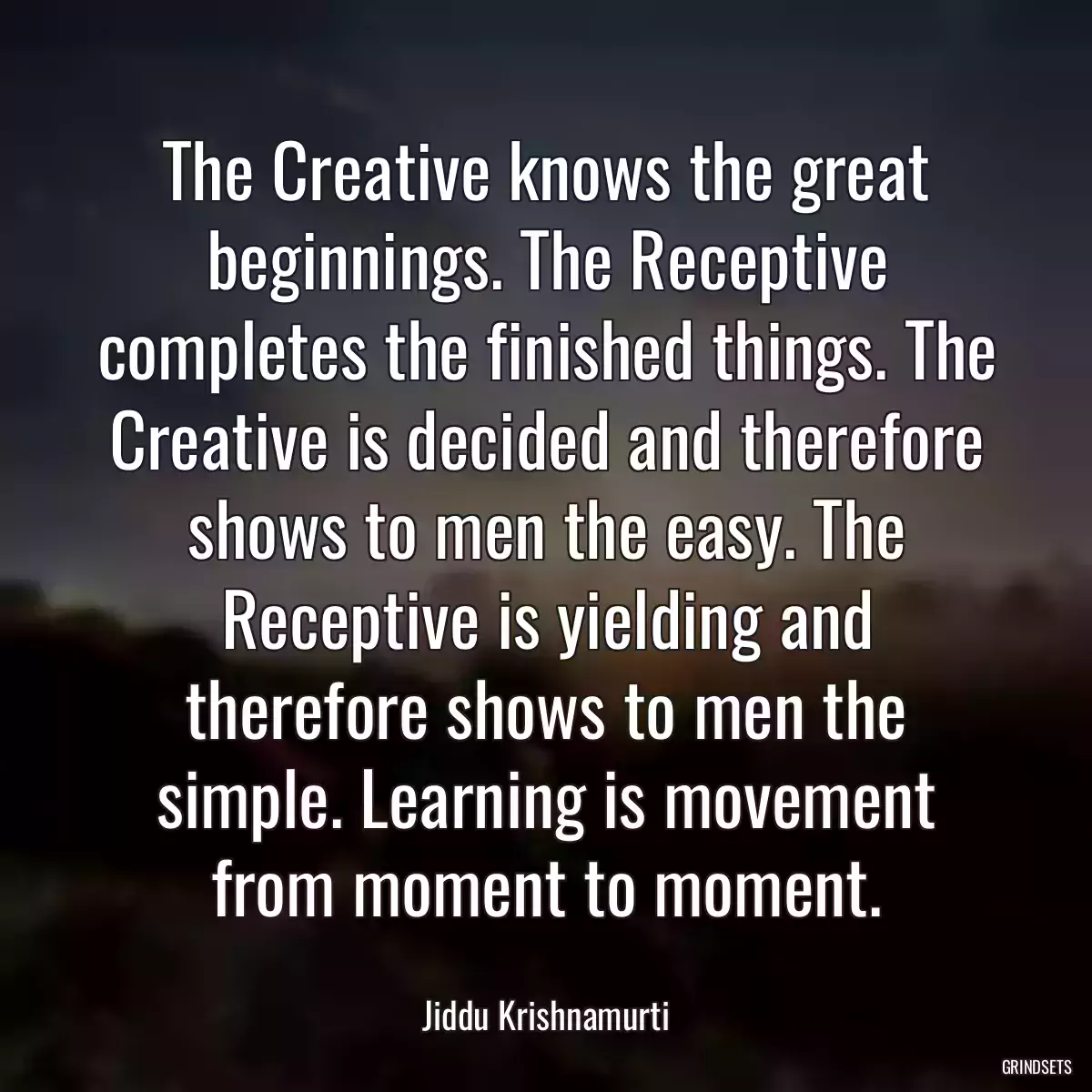 The Creative knows the great beginnings. The Receptive completes the finished things. The Creative is decided and therefore shows to men the easy. The Receptive is yielding and therefore shows to men the simple. Learning is movement from moment to moment.