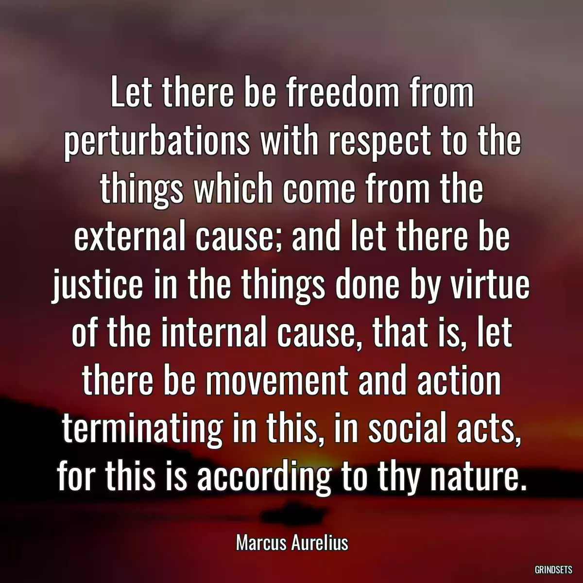 Let there be freedom from perturbations with respect to the things which come from the external cause; and let there be justice in the things done by virtue of the internal cause, that is, let there be movement and action terminating in this, in social acts, for this is according to thy nature.