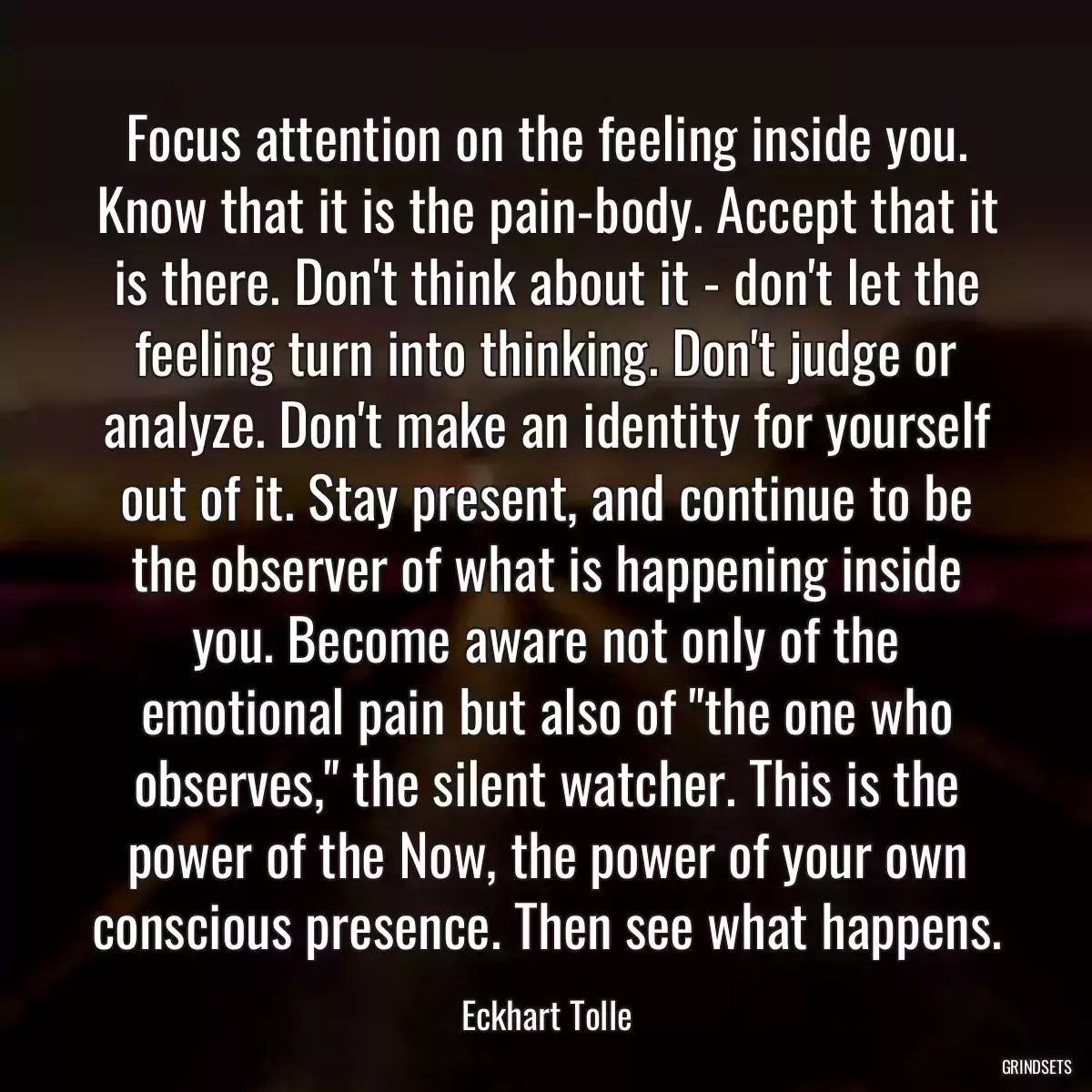 Focus attention on the feeling inside you. Know that it is the pain-body. Accept that it is there. Don\'t think about it - don\'t let the feeling turn into thinking. Don\'t judge or analyze. Don\'t make an identity for yourself out of it. Stay present, and continue to be the observer of what is happening inside you. Become aware not only of the emotional pain but also of \