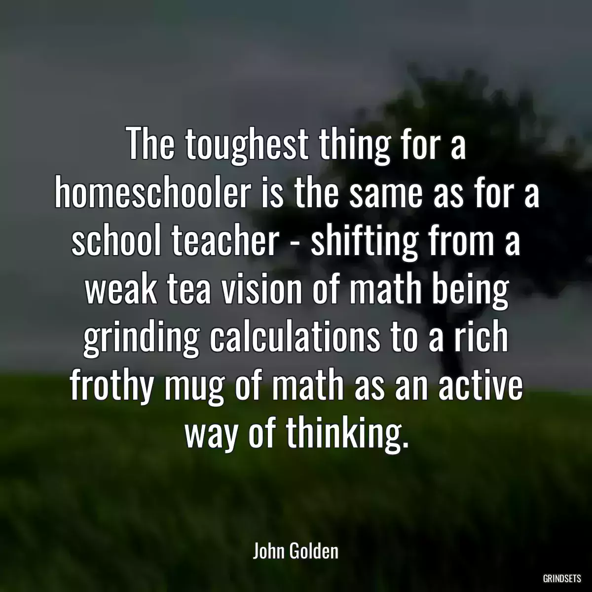 The toughest thing for a homeschooler is the same as for a school teacher - shifting from a weak tea vision of math being grinding calculations to a rich frothy mug of math as an active way of thinking.