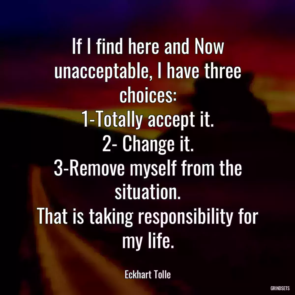 If I find here and Now unacceptable, I have three choices:
1-Totally accept it.
2- Change it.
3-Remove myself from the situation.
That is taking responsibility for my life.