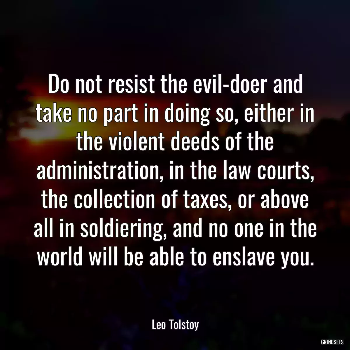 Do not resist the evil-doer and take no part in doing so, either in the violent deeds of the administration, in the law courts, the collection of taxes, or above all in soldiering, and no one in the world will be able to enslave you.