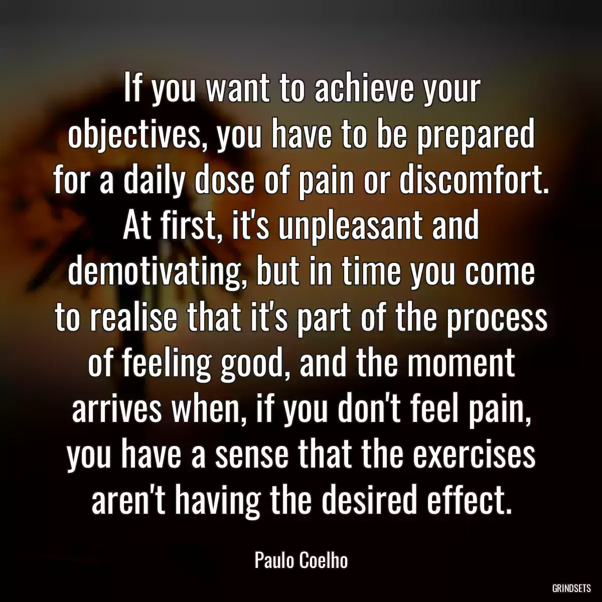 If you want to achieve your objectives, you have to be prepared for a daily dose of pain or discomfort. At first, it\'s unpleasant and demotivating, but in time you come to realise that it\'s part of the process of feeling good, and the moment arrives when, if you don\'t feel pain, you have a sense that the exercises aren\'t having the desired effect.