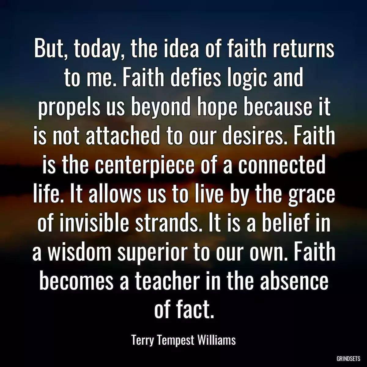 But, today, the idea of faith returns to me. Faith defies logic and propels us beyond hope because it is not attached to our desires. Faith is the centerpiece of a connected life. It allows us to live by the grace of invisible strands. It is a belief in a wisdom superior to our own. Faith becomes a teacher in the absence of fact.