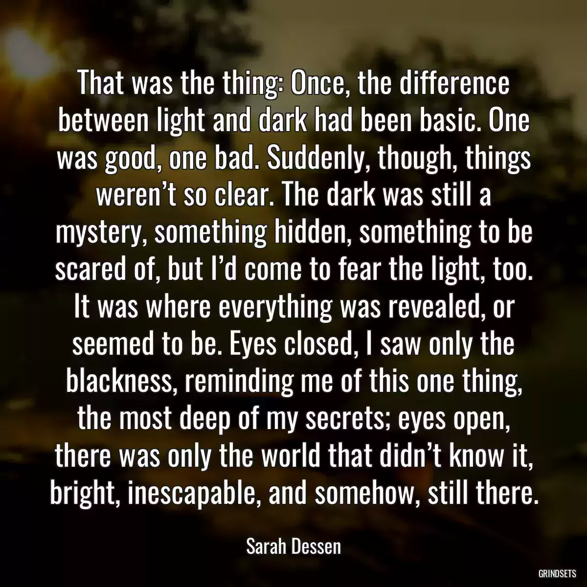 That was the thing: Once, the difference between light and dark had been basic. One was good, one bad. Suddenly, though, things weren’t so clear. The dark was still a mystery, something hidden, something to be scared of, but I’d come to fear the light, too. It was where everything was revealed, or seemed to be. Eyes closed, I saw only the blackness, reminding me of this one thing, the most deep of my secrets; eyes open, there was only the world that didn’t know it, bright, inescapable, and somehow, still there.