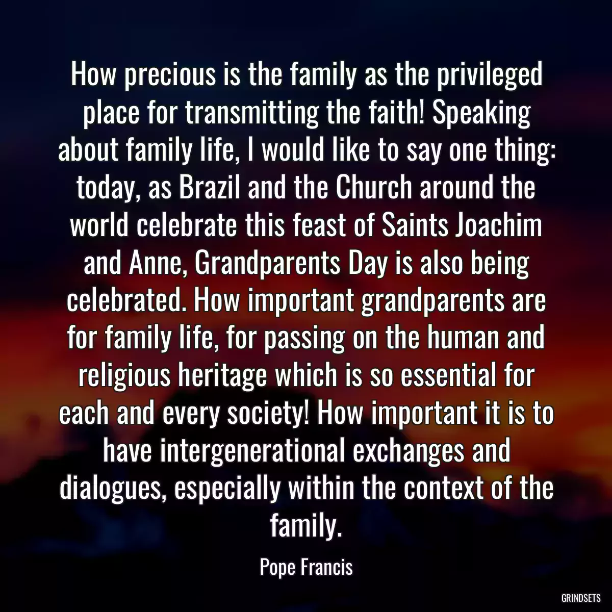 How precious is the family as the privileged place for transmitting the faith! Speaking about family life, I would like to say one thing: today, as Brazil and the Church around the world celebrate this feast of Saints Joachim and Anne, Grandparents Day is also being celebrated. How important grandparents are for family life, for passing on the human and religious heritage which is so essential for each and every society! How important it is to have intergenerational exchanges and dialogues, especially within the context of the family.