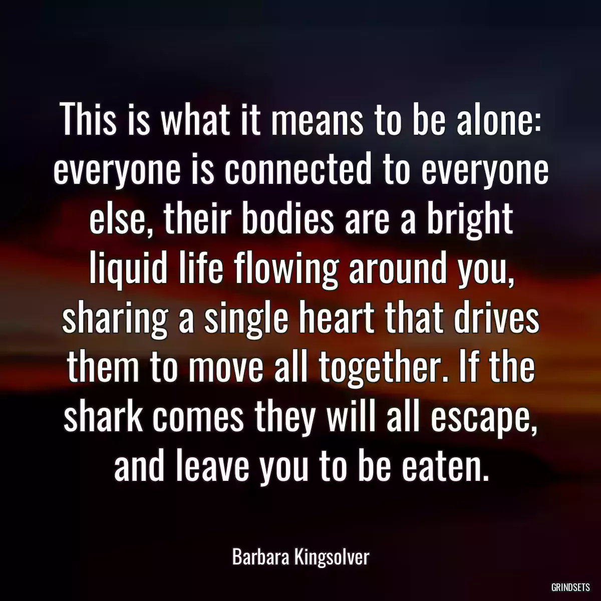 This is what it means to be alone: everyone is connected to everyone else, their bodies are a bright liquid life flowing around you, sharing a single heart that drives them to move all together. If the shark comes they will all escape, and leave you to be eaten.