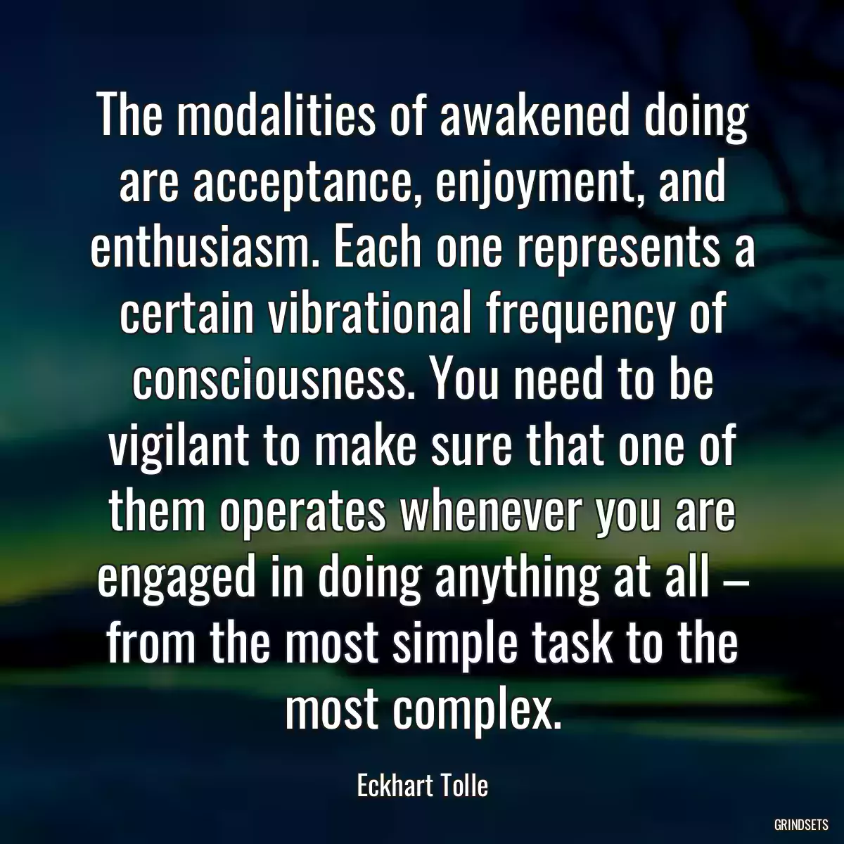 The modalities of awakened doing are acceptance, enjoyment, and enthusiasm. Each one represents a certain vibrational frequency of consciousness. You need to be vigilant to make sure that one of them operates whenever you are engaged in doing anything at all – from the most simple task to the most complex.