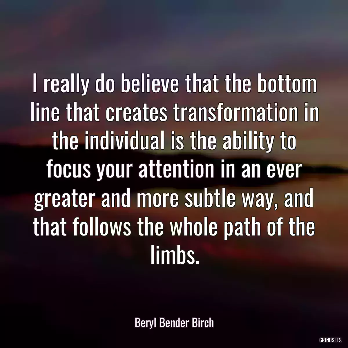 I really do believe that the bottom line that creates transformation in the individual is the ability to focus your attention in an ever greater and more subtle way, and that follows the whole path of the limbs.