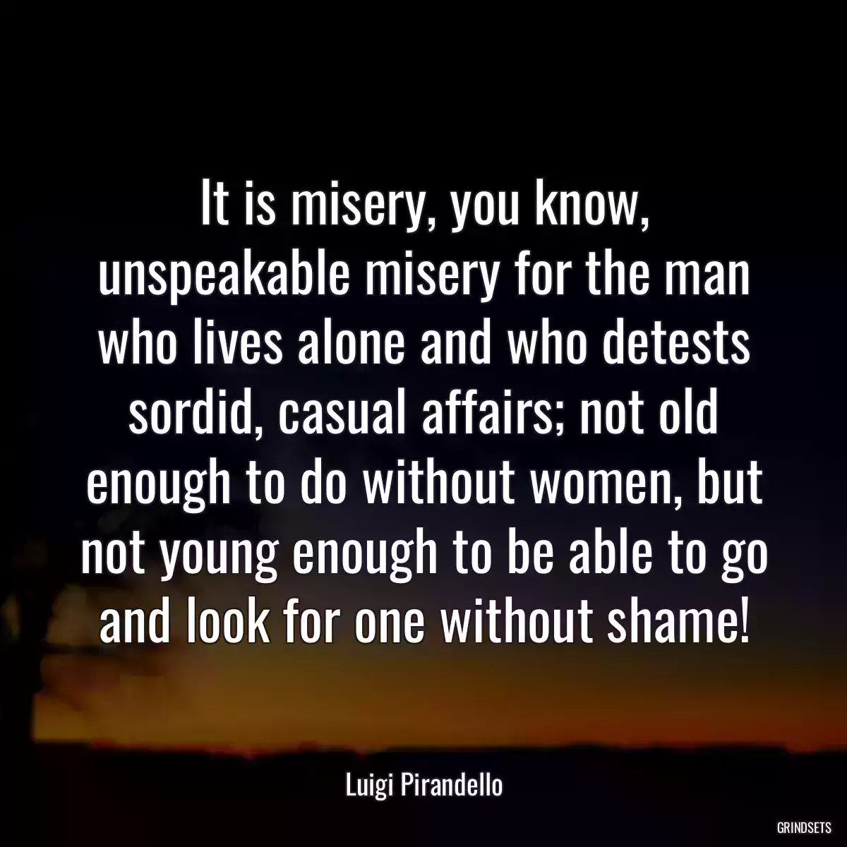 It is misery, you know, unspeakable misery for the man who lives alone and who detests sordid, casual affairs; not old enough to do without women, but not young enough to be able to go and look for one without shame!