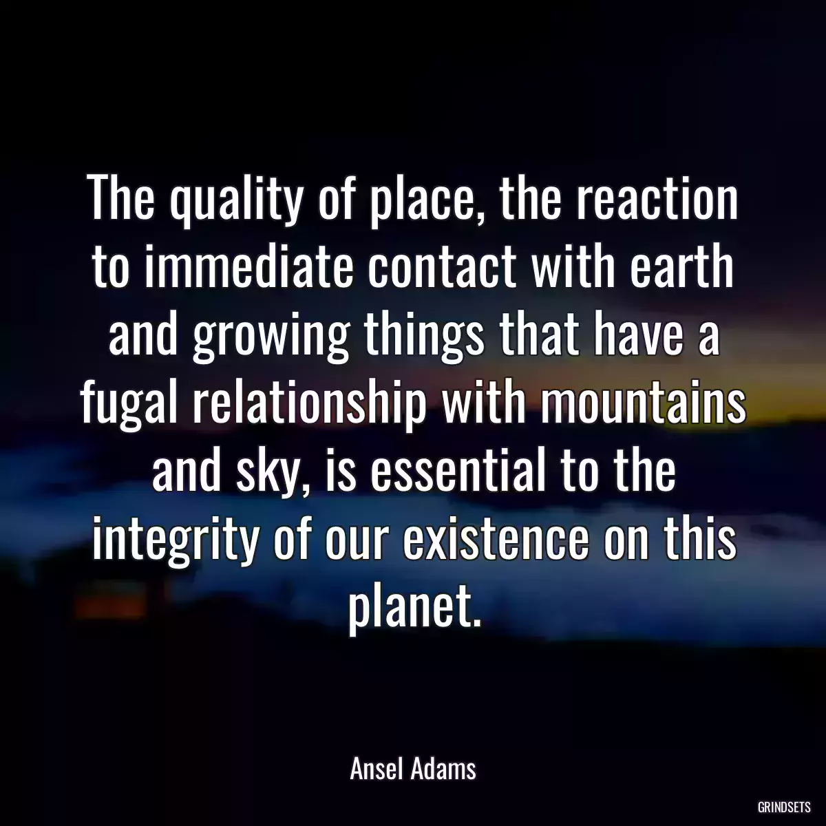 The quality of place, the reaction to immediate contact with earth and growing things that have a fugal relationship with mountains and sky, is essential to the integrity of our existence on this planet.