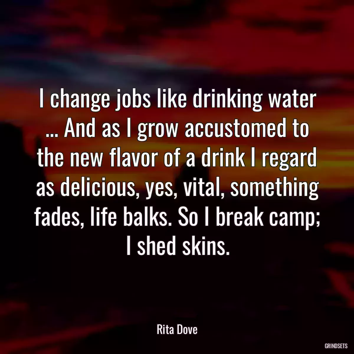 I change jobs like drinking water ... And as I grow accustomed to the new flavor of a drink I regard as delicious, yes, vital, something fades, life balks. So I break camp; I shed skins.