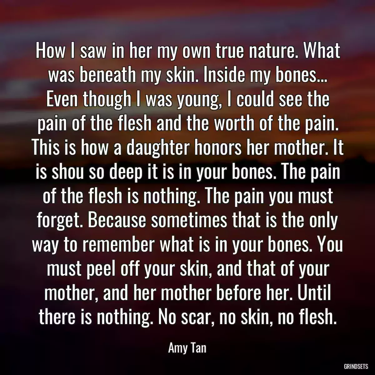 How I saw in her my own true nature. What was beneath my skin. Inside my bones... Even though I was young, I could see the pain of the flesh and the worth of the pain. This is how a daughter honors her mother. It is shou so deep it is in your bones. The pain of the flesh is nothing. The pain you must forget. Because sometimes that is the only way to remember what is in your bones. You must peel off your skin, and that of your mother, and her mother before her. Until there is nothing. No scar, no skin, no flesh.