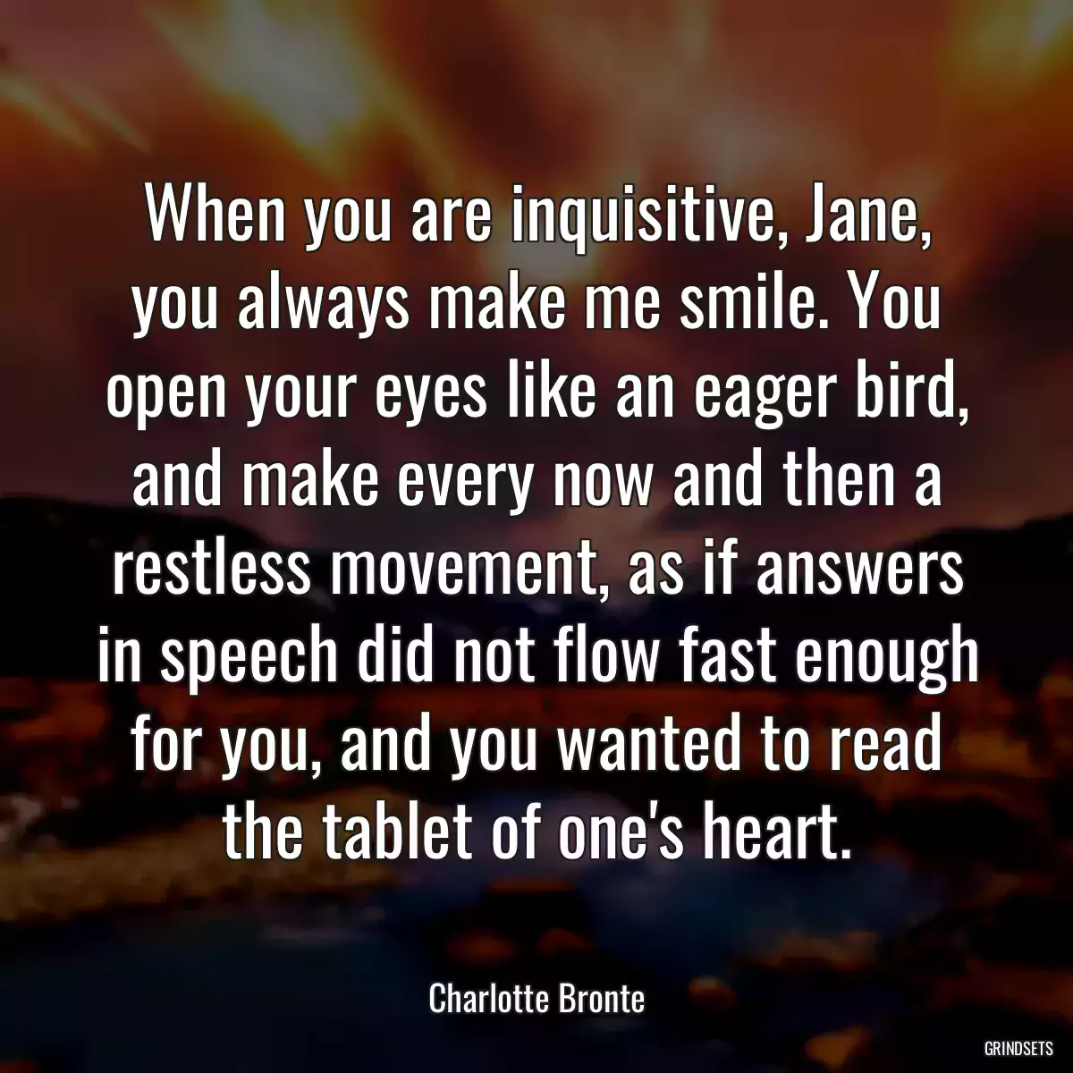 When you are inquisitive, Jane, you always make me smile. You open your eyes like an eager bird, and make every now and then a restless movement, as if answers in speech did not flow fast enough for you, and you wanted to read the tablet of one\'s heart.