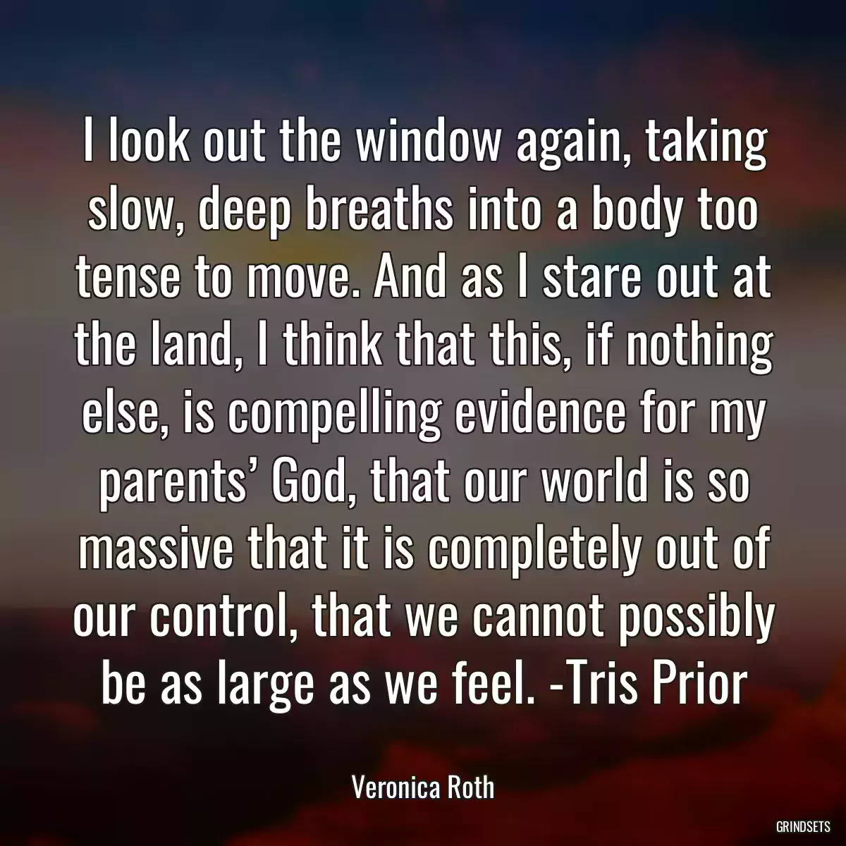 I look out the window again, taking slow, deep breaths into a body too tense to move. And as I stare out at the land, I think that this, if nothing else, is compelling evidence for my parents’ God, that our world is so massive that it is completely out of our control, that we cannot possibly be as large as we feel. -Tris Prior