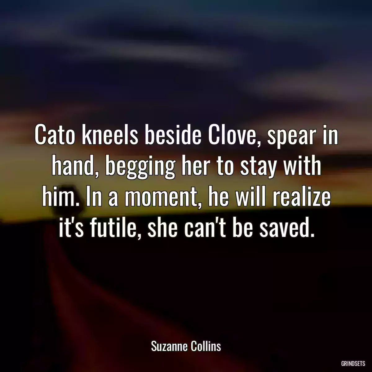 Cato kneels beside Clove, spear in hand, begging her to stay with him. In a moment, he will realize it\'s futile, she can\'t be saved.