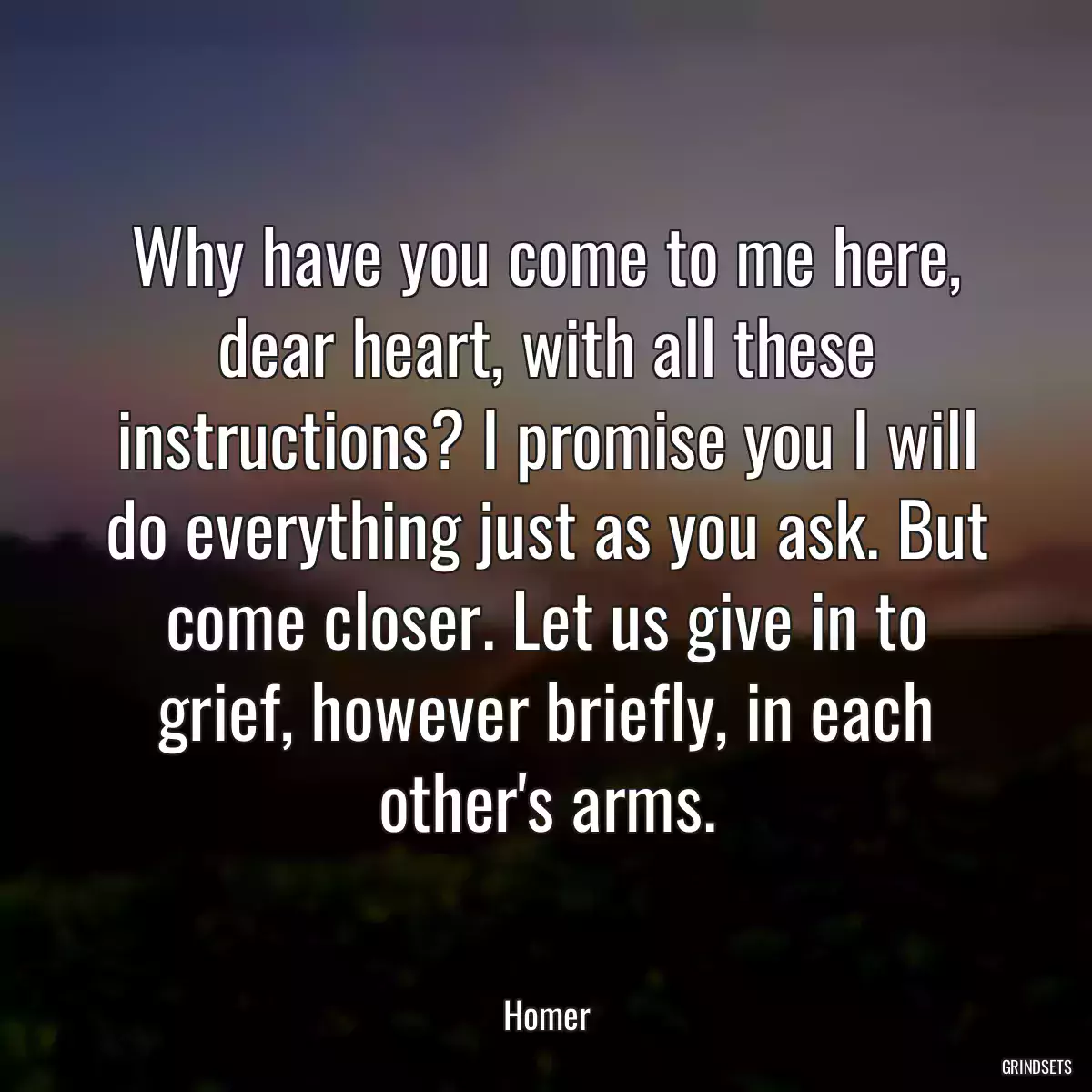 Why have you come to me here, dear heart, with all these instructions? I promise you I will do everything just as you ask. But come closer. Let us give in to grief, however briefly, in each other\'s arms.