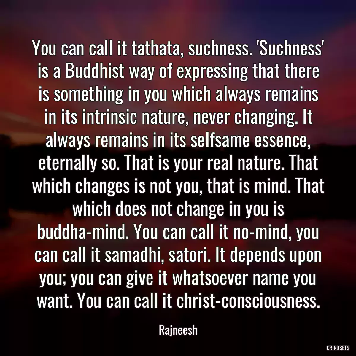 You can call it tathata, suchness. \'Suchness\' is a Buddhist way of expressing that there is something in you which always remains in its intrinsic nature, never changing. It always remains in its selfsame essence, eternally so. That is your real nature. That which changes is not you, that is mind. That which does not change in you is buddha-mind. You can call it no-mind, you can call it samadhi, satori. It depends upon you; you can give it whatsoever name you want. You can call it christ-consciousness.