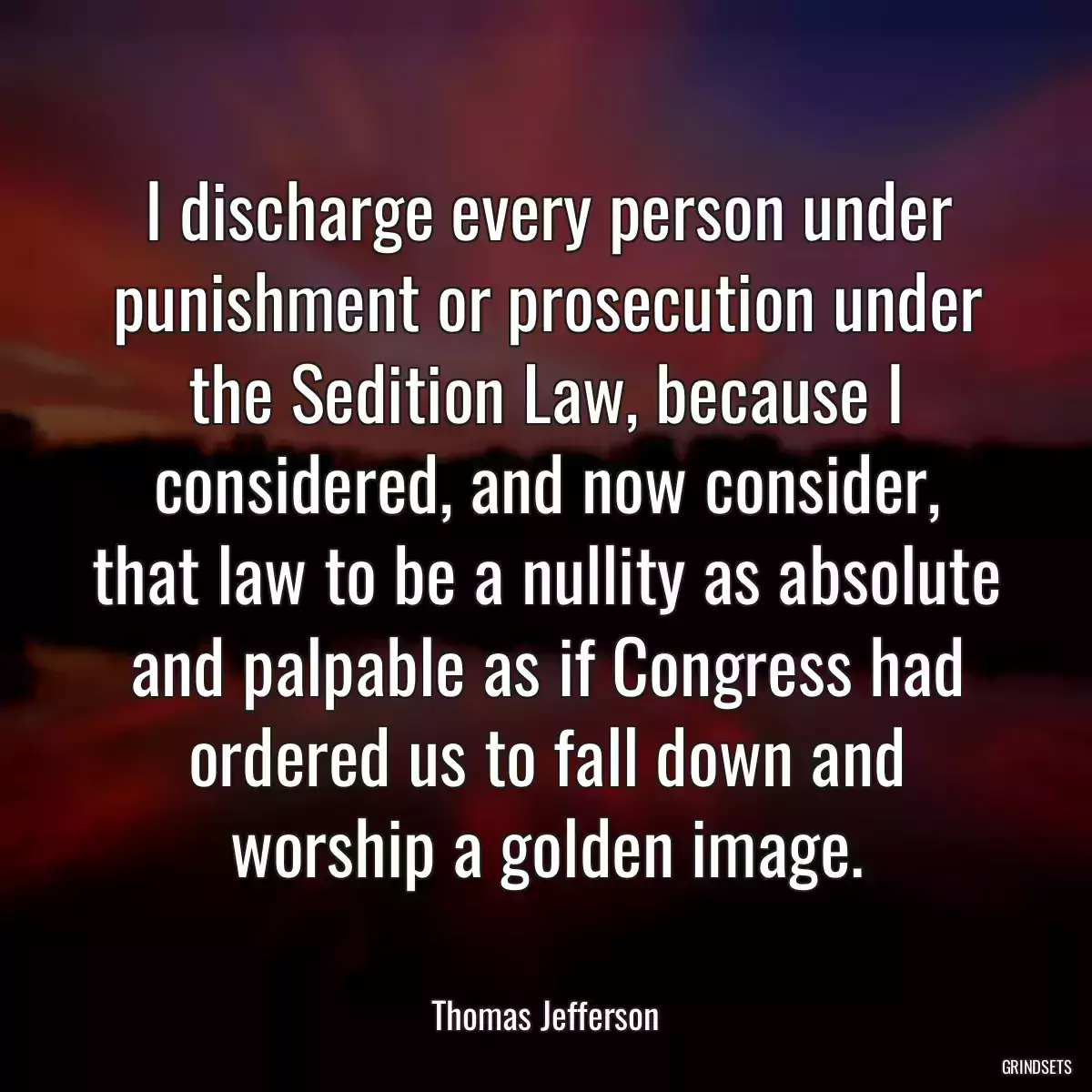 I discharge every person under punishment or prosecution under the Sedition Law, because I considered, and now consider, that law to be a nullity as absolute and palpable as if Congress had ordered us to fall down and worship a golden image.