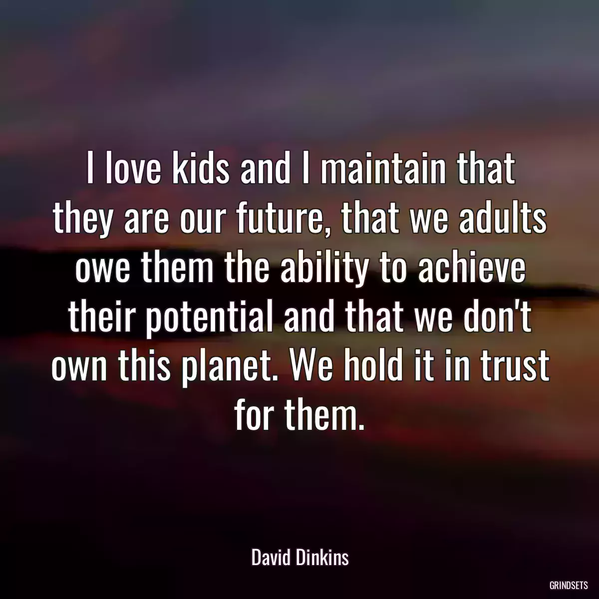 I love kids and I maintain that they are our future, that we adults owe them the ability to achieve their potential and that we don\'t own this planet. We hold it in trust for them.