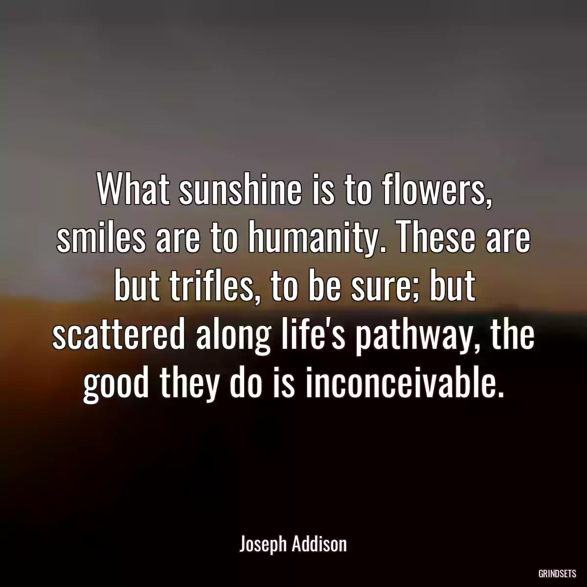 What sunshine is to flowers, smiles are to humanity. These are but trifles, to be sure; but scattered along life\'s pathway, the good they do is inconceivable.