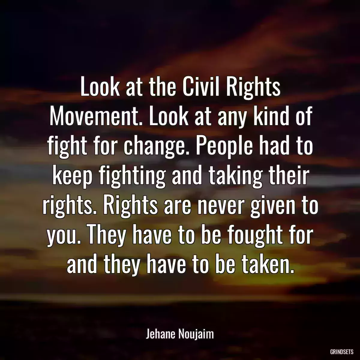 Look at the Civil Rights Movement. Look at any kind of fight for change. People had to keep fighting and taking their rights. Rights are never given to you. They have to be fought for and they have to be taken.