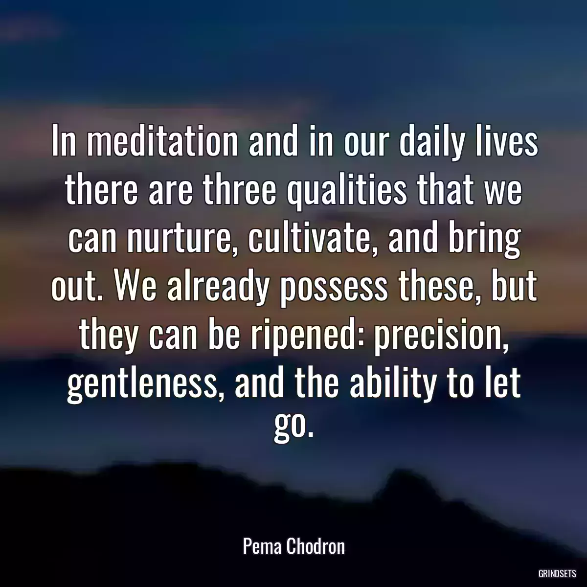 In meditation and in our daily lives there are three qualities that we can nurture, cultivate, and bring out. We already possess these, but they can be ripened: precision, gentleness, and the ability to let go.