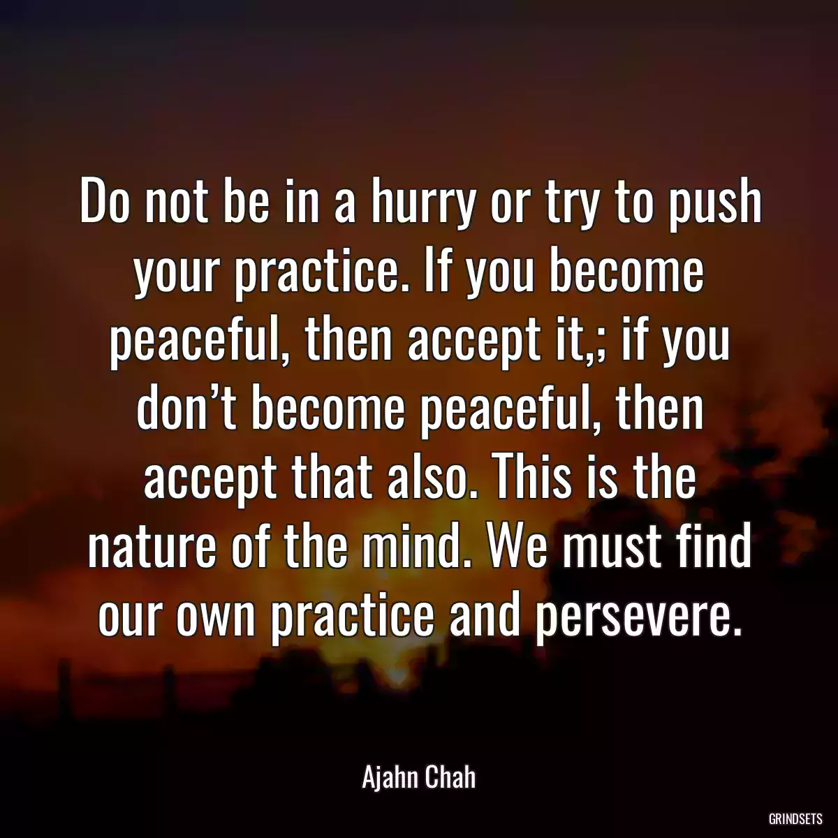 Do not be in a hurry or try to push your practice. If you become peaceful, then accept it,; if you don’t become peaceful, then accept that also. This is the nature of the mind. We must find our own practice and persevere.