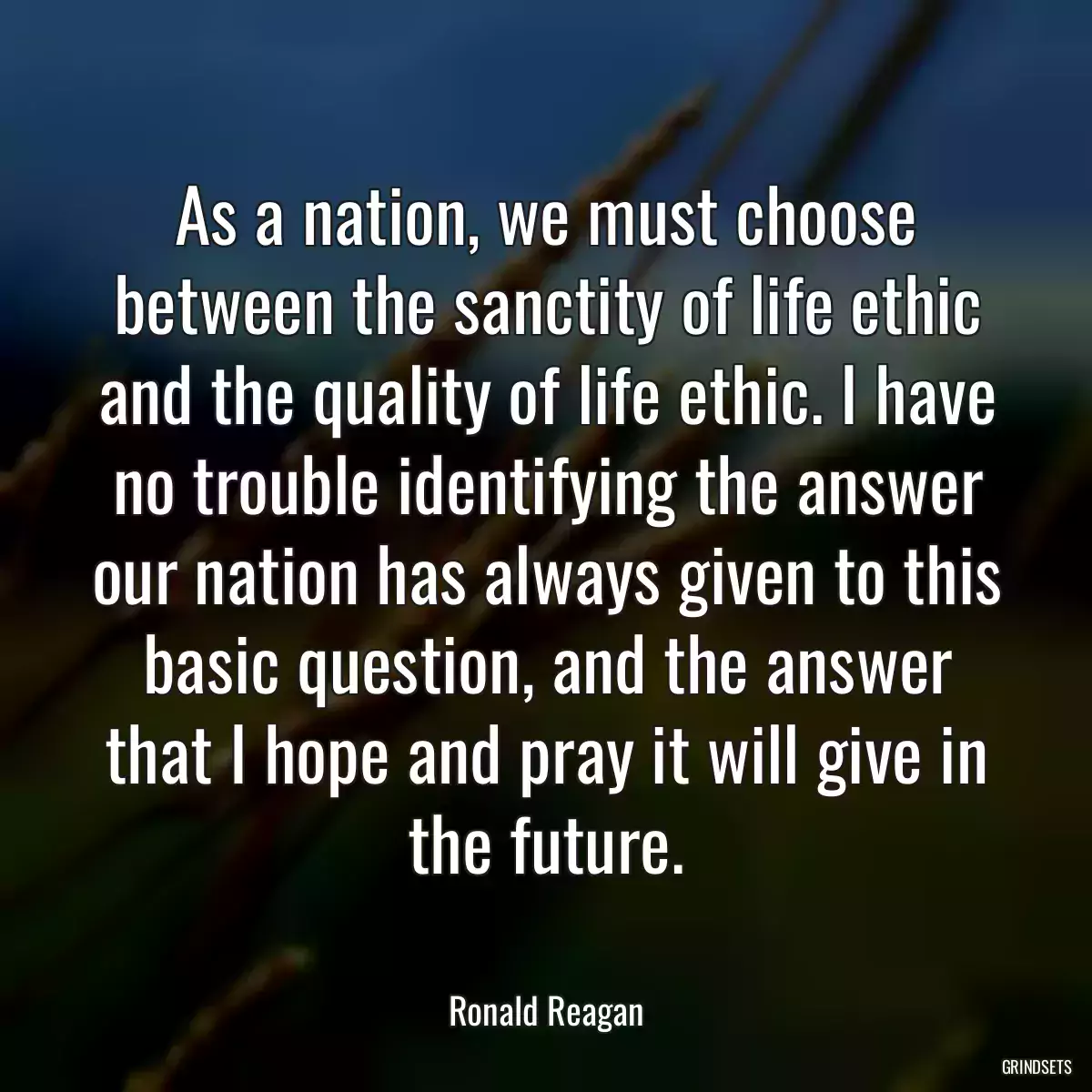 As a nation, we must choose between the sanctity of life ethic and the quality of life ethic. I have no trouble identifying the answer our nation has always given to this basic question, and the answer that I hope and pray it will give in the future.