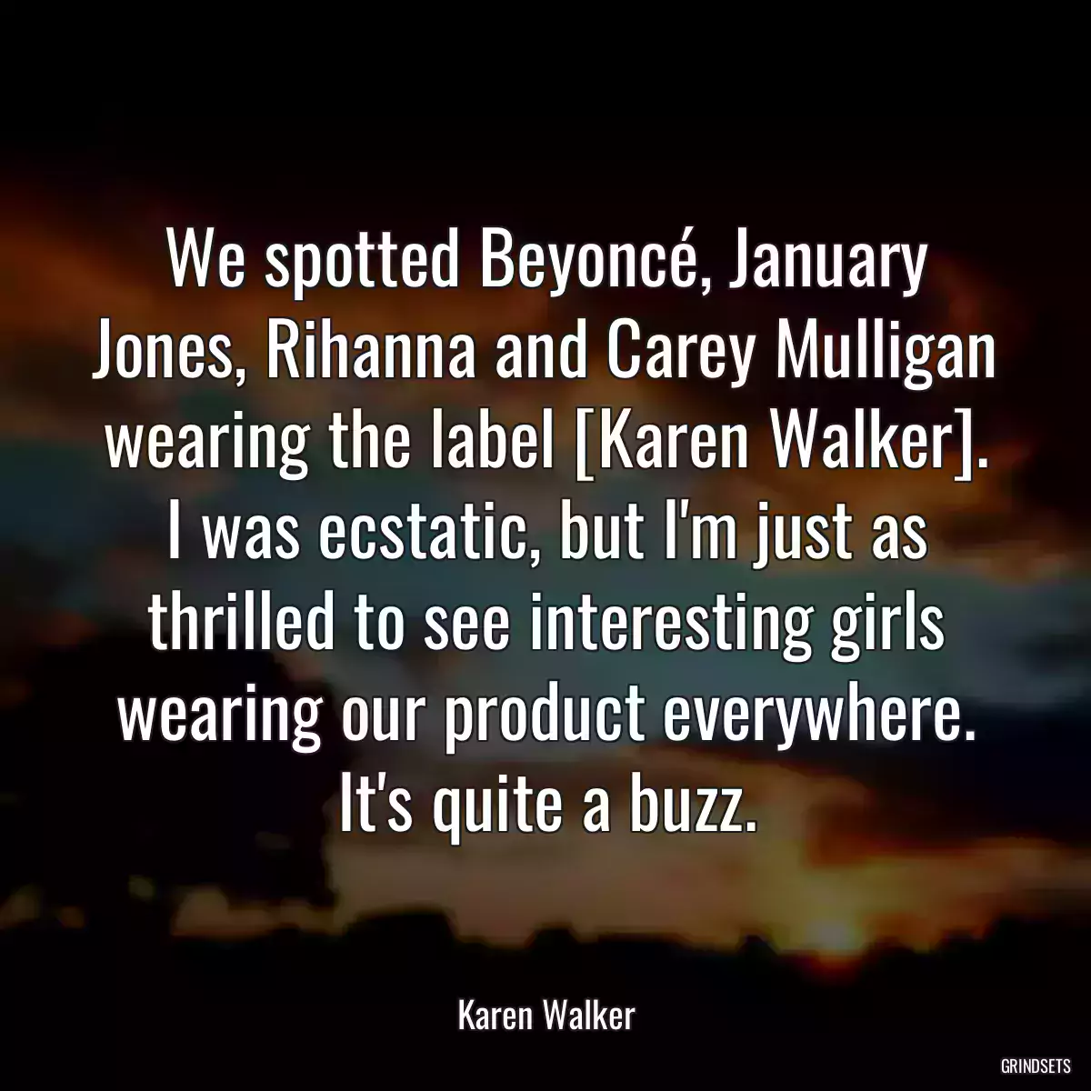 We spotted Beyoncé, January Jones, Rihanna and Carey Mulligan wearing the label [Karen Walker]. I was ecstatic, but I\'m just as thrilled to see interesting girls wearing our product everywhere. It\'s quite a buzz.