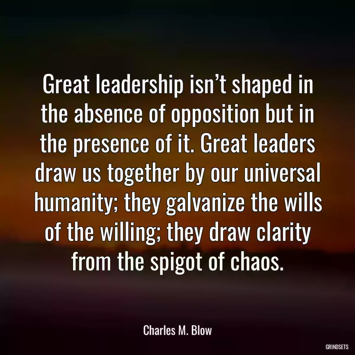 Great leadership isn’t shaped in the absence of opposition but in the presence of it. Great leaders draw us together by our universal humanity; they galvanize the wills of the willing; they draw clarity from the spigot of chaos.