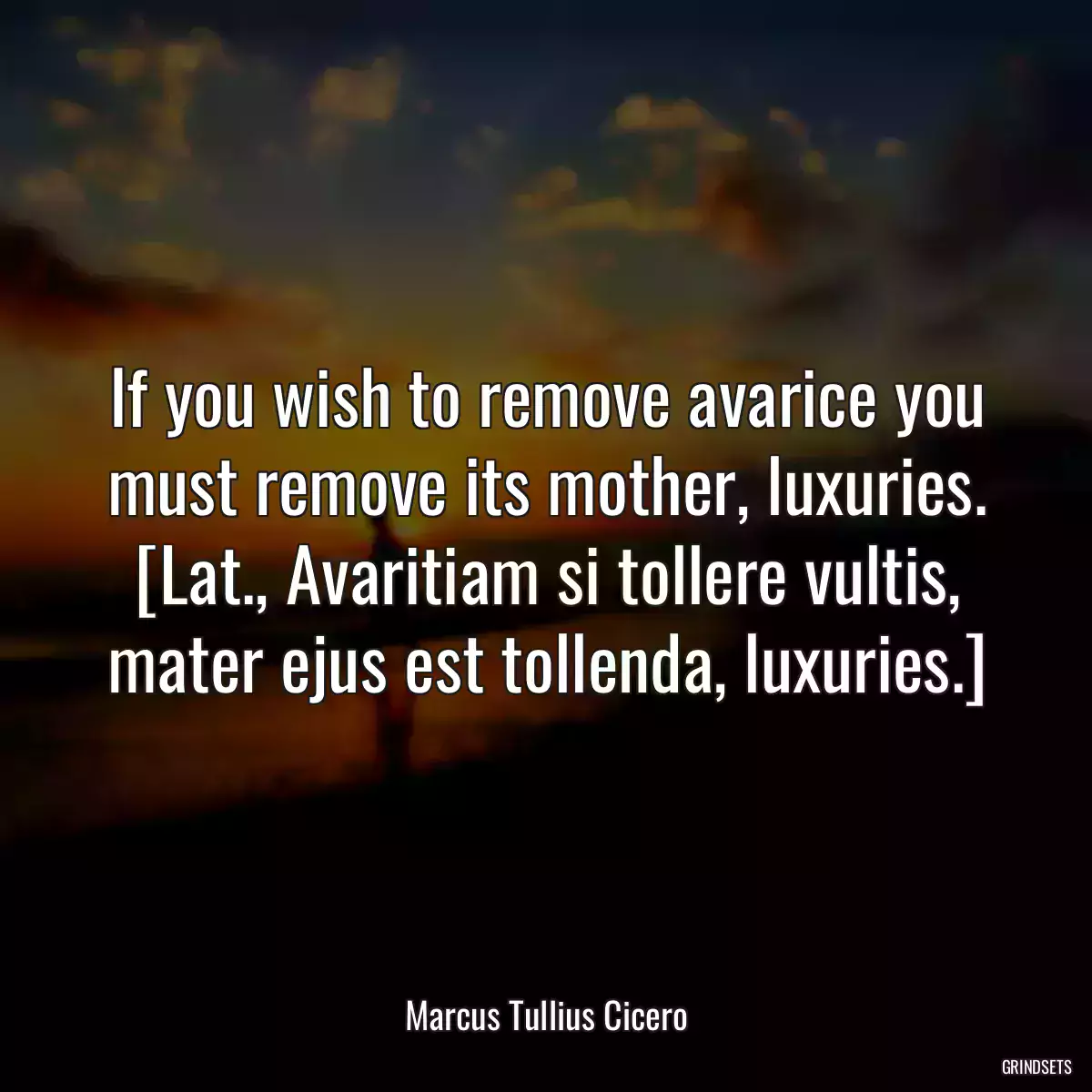If you wish to remove avarice you must remove its mother, luxuries.
[Lat., Avaritiam si tollere vultis, mater ejus est tollenda, luxuries.]