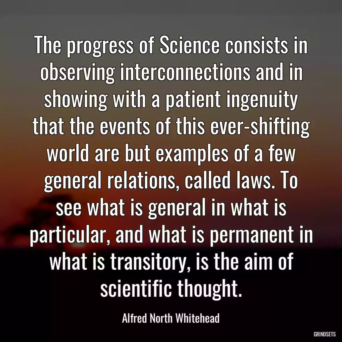 The progress of Science consists in observing interconnections and in showing with a patient ingenuity that the events of this ever-shifting world are but examples of a few general relations, called laws. To see what is general in what is particular, and what is permanent in what is transitory, is the aim of scientific thought.