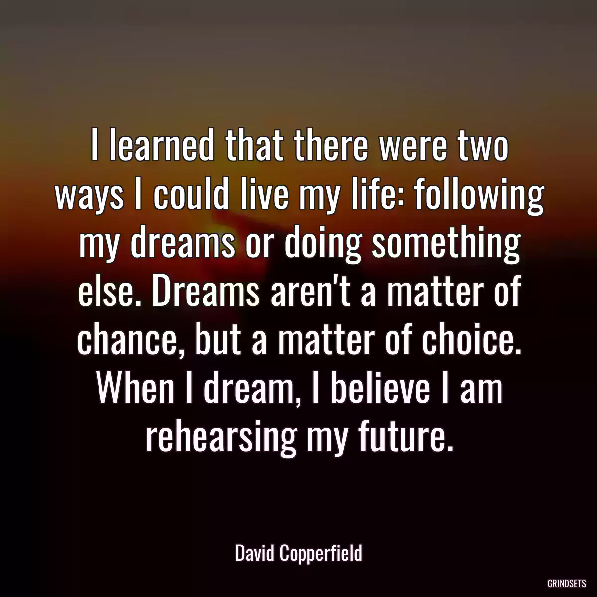 I learned that there were two ways I could live my life: following my dreams or doing something else. Dreams aren\'t a matter of chance, but a matter of choice. When I dream, I believe I am rehearsing my future.