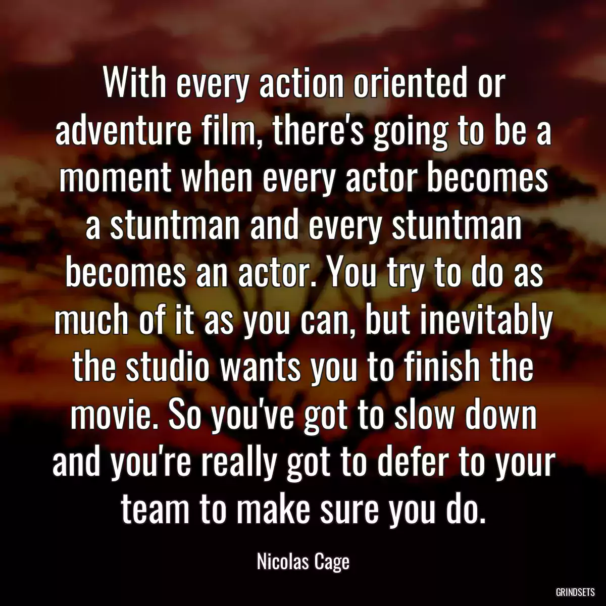 With every action oriented or adventure film, there\'s going to be a moment when every actor becomes a stuntman and every stuntman becomes an actor. You try to do as much of it as you can, but inevitably the studio wants you to finish the movie. So you\'ve got to slow down and you\'re really got to defer to your team to make sure you do.