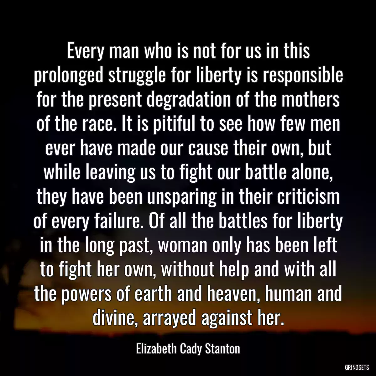 Every man who is not for us in this prolonged struggle for liberty is responsible for the present degradation of the mothers of the race. It is pitiful to see how few men ever have made our cause their own, but while leaving us to fight our battle alone, they have been unsparing in their criticism of every failure. Of all the battles for liberty in the long past, woman only has been left to fight her own, without help and with all the powers of earth and heaven, human and divine, arrayed against her.