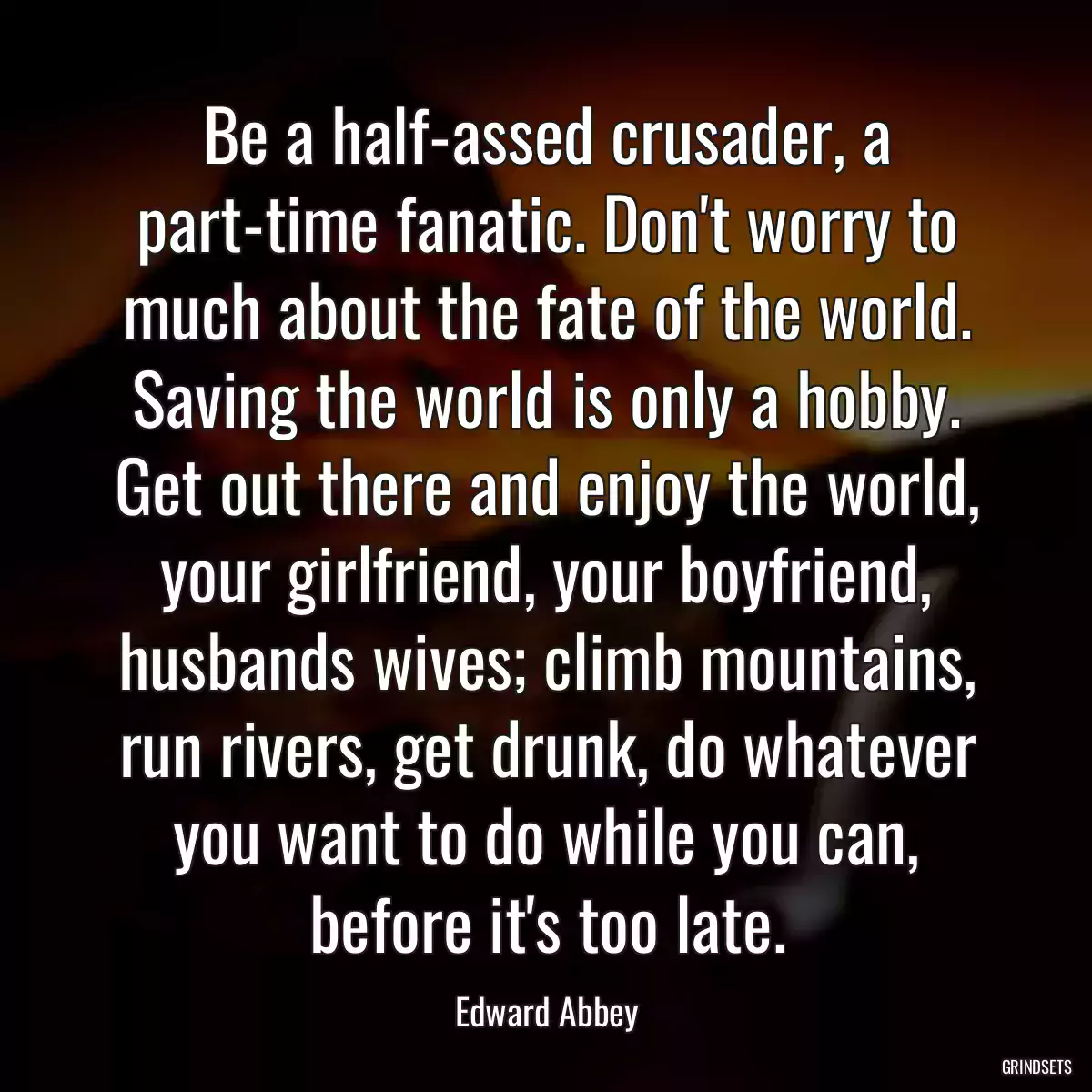 Be a half-assed crusader, a part-time fanatic. Don\'t worry to much about the fate of the world. Saving the world is only a hobby. Get out there and enjoy the world, your girlfriend, your boyfriend, husbands wives; climb mountains, run rivers, get drunk, do whatever you want to do while you can, before it\'s too late.