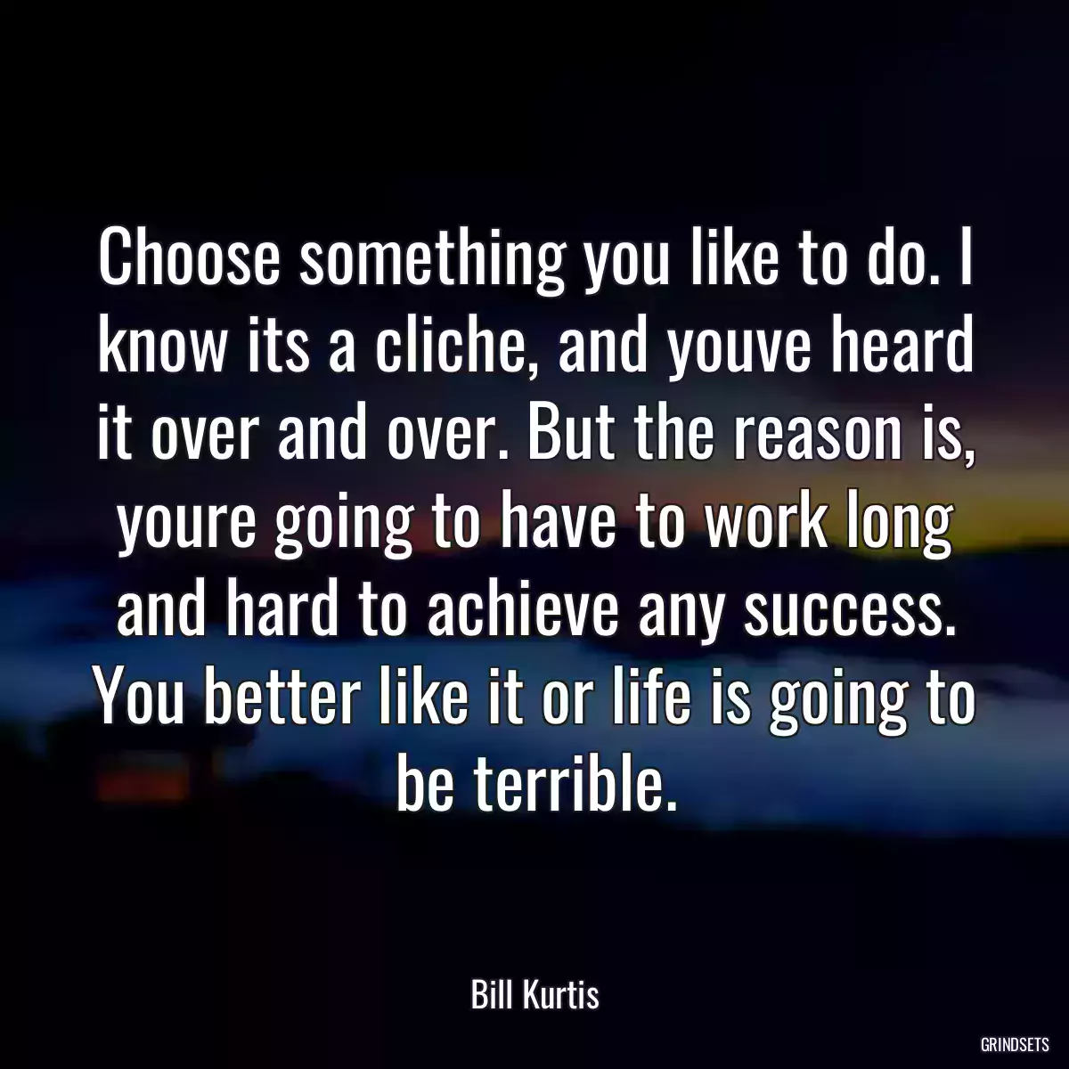 Choose something you like to do. I know its a cliche, and youve heard it over and over. But the reason is, youre going to have to work long and hard to achieve any success. You better like it or life is going to be terrible.