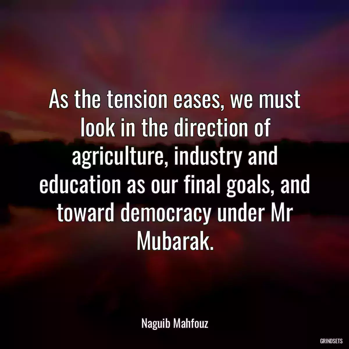 As the tension eases, we must look in the direction of agriculture, industry and education as our final goals, and toward democracy under Mr Mubarak.