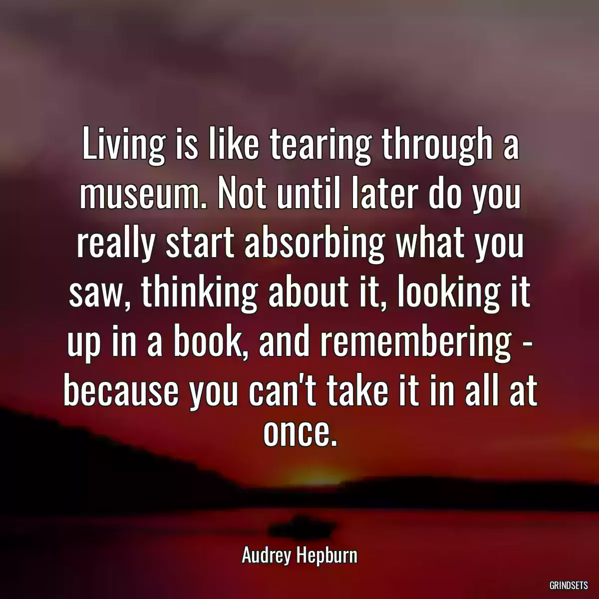 Living is like tearing through a museum. Not until later do you really start absorbing what you saw, thinking about it, looking it up in a book, and remembering - because you can\'t take it in all at once.