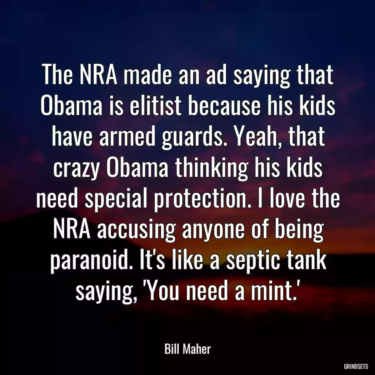 The NRA made an ad saying that Obama is elitist because his kids have armed guards. Yeah, that crazy Obama thinking his kids need special protection. I love the NRA accusing anyone of being paranoid. It\'s like a septic tank saying, \'You need a mint.\'